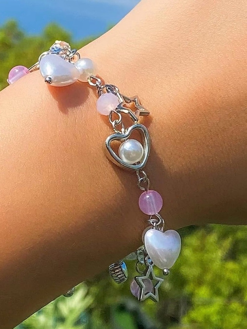 Silver Pearl Heart & Pink Bead Charm Bracelet - Women Jewelry Y2K‎ 2000 2000s
